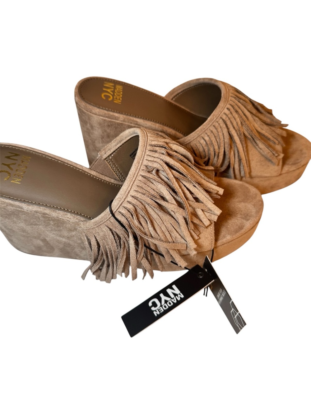 Madden NYC Tan Suede Fringe Platform Wedge Slides